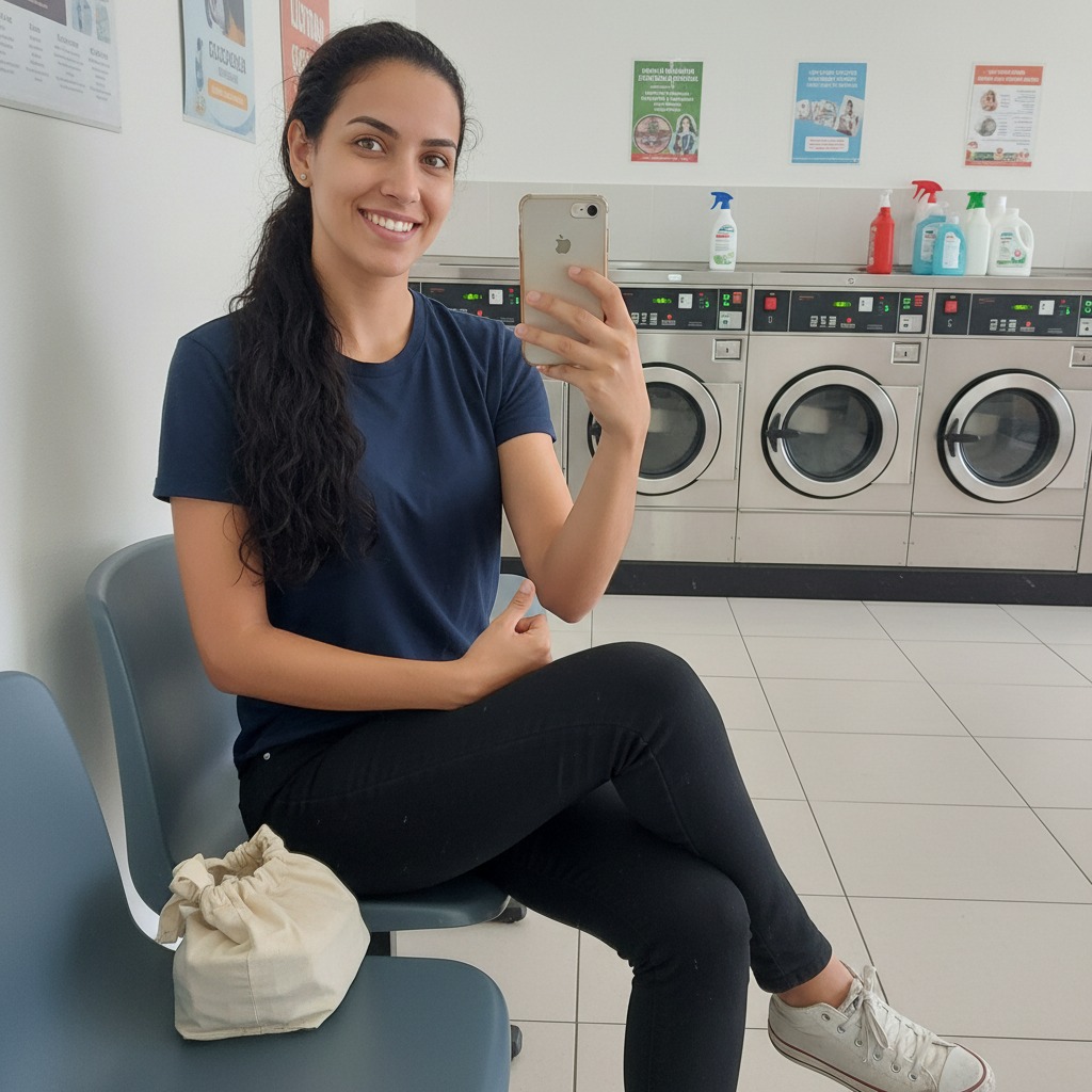 Mulher sorridente sentada em uma lavanderia tirando uma selfie com o celular.