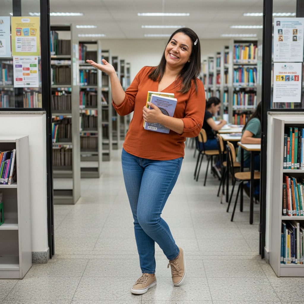 Mulher sorridente de blusa laranja segura livros e aponta para o corredor de uma biblioteca.